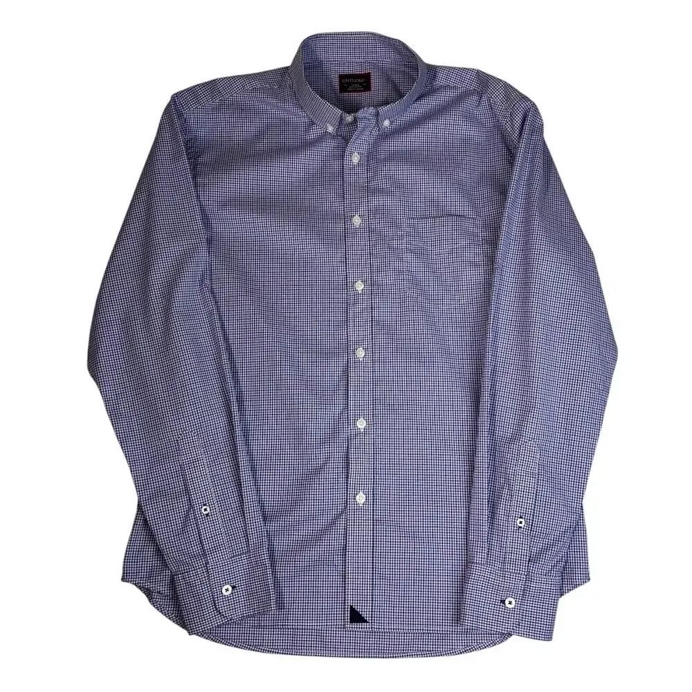 UNTUCKit Men’s Navy Blue and White Micro-Gingham Check Button-Down Size Large